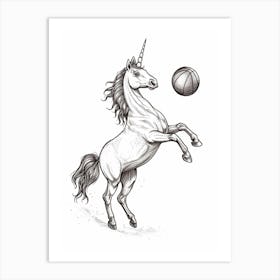Unicorn Playing Basketball Black & White Illustration 2 Art Print