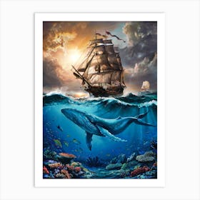 Sailing Ship with Underwater World. Oil Painting #3 Art Print