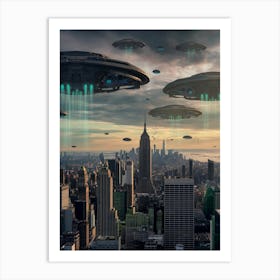 Aliens Flying Over New York City Art Print