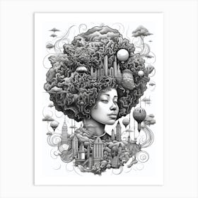 Afro City Pencil Drawing Black And White Art Print