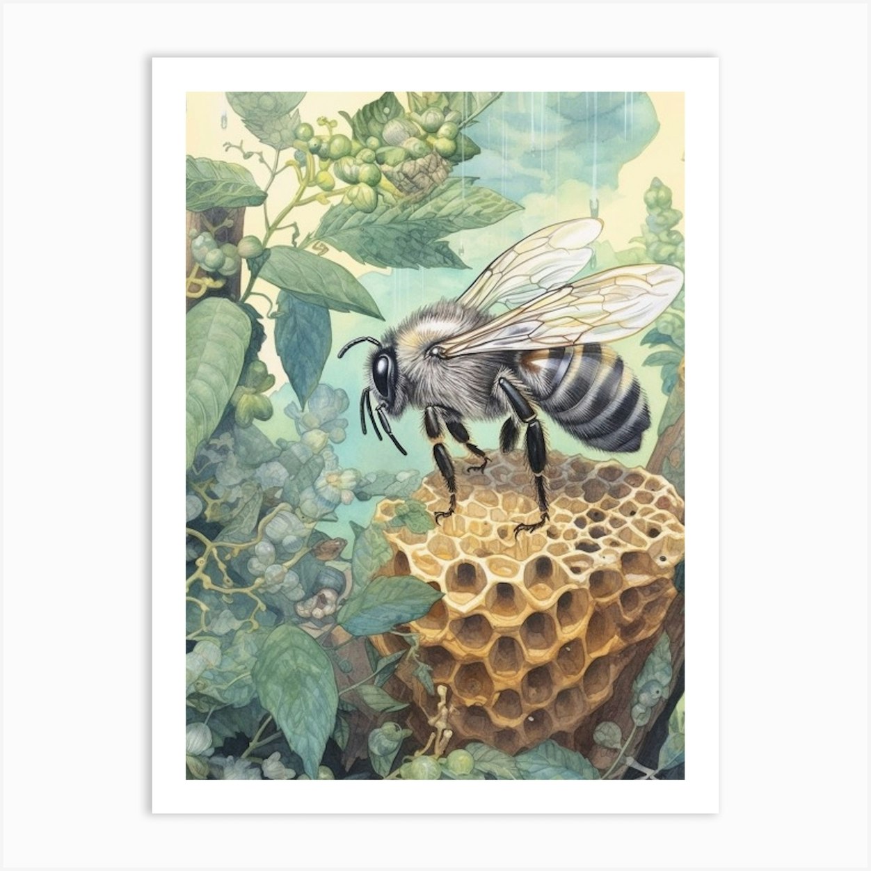 Digger Bee Beehive Watercolour Illustration 4 Art Print by Flora