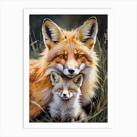 Fox Mother And Cute Little Cub Art Print