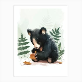 American Black Bear Cub Playing With A Fallen Leaf Storybook Illustration 1 Art Print