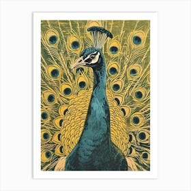 Blue Mustard Linocut Inspired Peacock Feather 1 Art Print