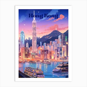 Hong Kong At Night Travel Art Illustration Art Print