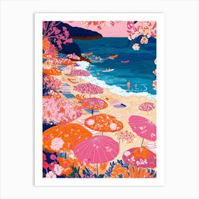 Pink Umbrellas On The Beach 3 Art Print