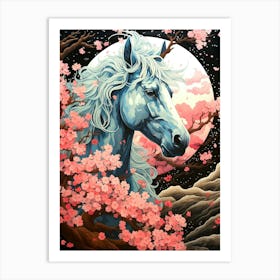 Blue Horse In Cherry Blossoms Art Print