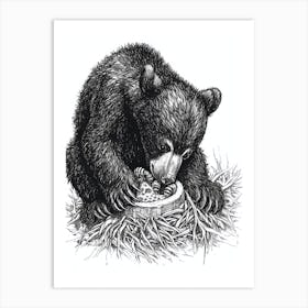 Malayan Sun Bear Cub Playing With A Beehive Ink Illustration 2 Art Print