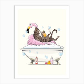 Cat Relaxing On Flamingo Art Print
