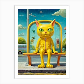 Extraterrestrial Cat With Yellow Cat Eyes Waiting At A Bus Stop Whimsical And Friendly Demeanor Su Art Print