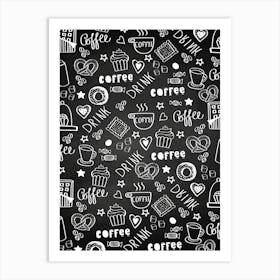 Seamless Pattern With Coffee Doodles - kitchen art, kitchen poster Art Print