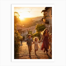 A Large Family Enjoying Their Day In Nature During The Stunning Sunset Siblings Laughing Lively Ch (1) Art Print