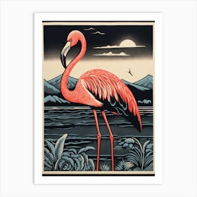 Vintage Bird Linocut Greater Flamingo 1 Art Print