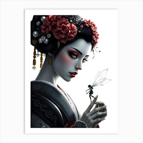 Geisha Hold Elf - Color Drawing Art Print