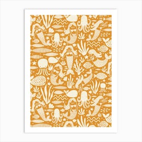 Underwater Mermaids and Sea Life Block Print White on Bright Orange Kids Art Print