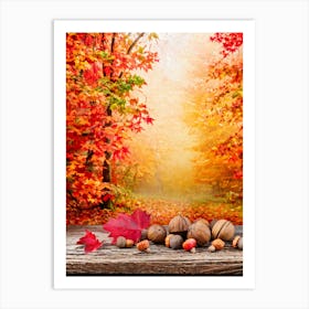 Autumnal Tableau In Vibrant Watercolor Leaves In Shades Of Crimson Orange And Gold Aflutter Amids 2 1 Art Print