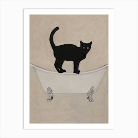 Black Cat On Bathtub Brown & Black Bathroom Art Print