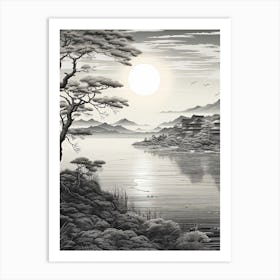 Lake Biwa In Shiga, Ukiyo E Black And White Line Art Drawing 1 Art Print