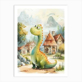 Dinosaur In A Village Storybook Style 2 Art Print