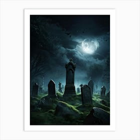 Ghostly Figures Looming Above An Ancient Graveyard In The Haunting Grip Of A Tempestuous Night Sky (1) Art Print