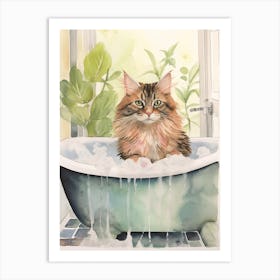 Maine Coon Cat In Bathtub Botanical Bathroom 2 Art Print