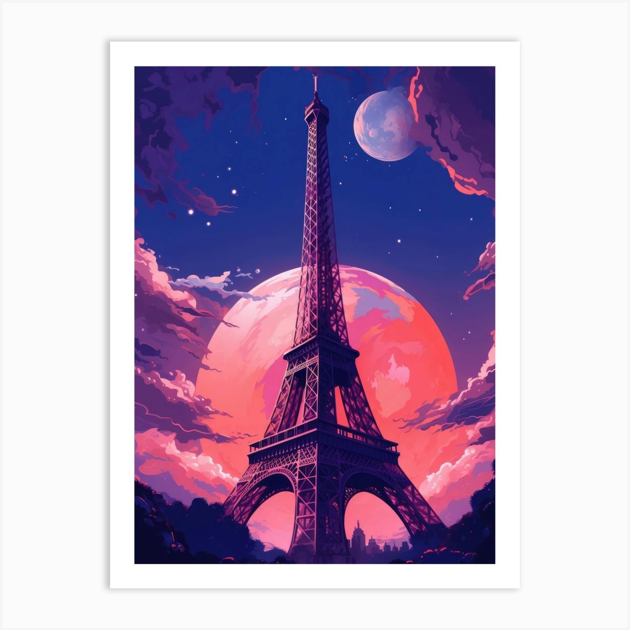 Oil painting. Art print for wall decor. Acrylic artwork. Big size poster.  Watercolor drawing. Modern style fine art. Paiting for sale. Beautiful Paris  landscape. Eiffel tower. Orange city sunset Stock Illustration |