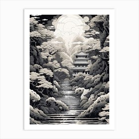 Ise Grand Shrine In Mie, Ukiyo E Black And White Line Art Drawing 1 Art Print