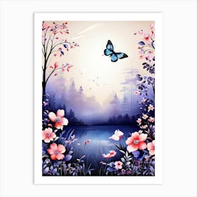 Butterfly And Flowers Wallpaper, A Butterfly Toned Design With Flowers And Leaves Trees And Birds A Beautiful And Simple Picture Wall art 1 Art Print