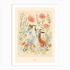 Folksy Floral Animal Drawing Goat 3 Poster Art Print