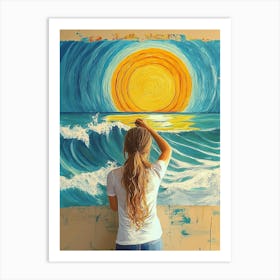 Young Girl Painting A Of A Sun Over The Ocean With Waves 1 Art Print