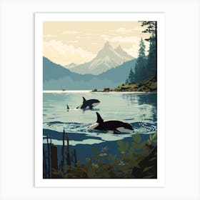 Two Orca Whales Swimming With Mountain In Distance Teal Art Print