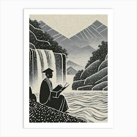 A Meditative Zen Monk Composing Poetry Beside A Waterfall Ukiyo-E Style Art Print