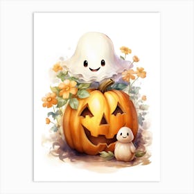 Cute Ghost With Pumpkins Halloween Watercolour 145 Art Print