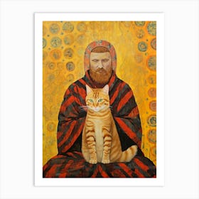 A Stripy Cat With A Monk Art Print
