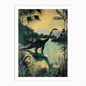 Dinosaur With Tropical Leaves Silhouette Painting Art Print