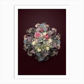 Vintage China Rose Flower Wreath on Wine Red n.1642 Art Print