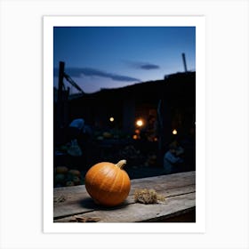 A Gourd Carefully Resting On A Weathered Wooden Table Settingfootprint In The Cement Market Under (2) Art Print