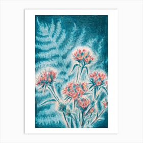 Blue Ferns And Flowers Art Print