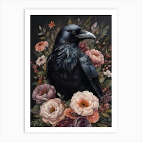 Crow with Flowers Moody Style Art Print