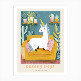 Storybook Style Unicorn Sat On A Mustard Sofa With Plants Poster Art Print