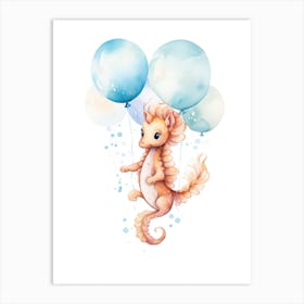 Baby Seahorse Flying With Ballons, Watercolour Nursery Art 2 Art Print