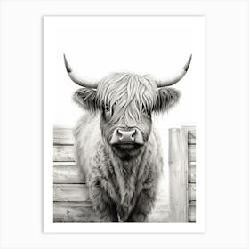 Black & White Illustration Of Highland Cow In Front Of Wooden Fence Art Print