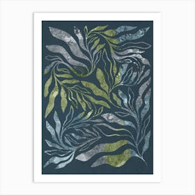 Endless Boho Elegant Moody Leaf Illustration 1/2 Dark Celestial Blue-Green Art Print