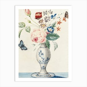 Vase With Flowers And Butterflies Art Print