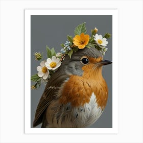 Bird With A Flower Crown European Robin Art Print 9 Art Print