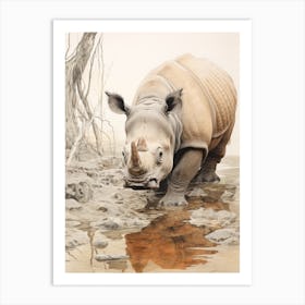 Vintage Illustration Of A Rhino In The Lake  3 Art Print
