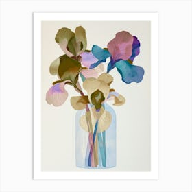 Iris In Vase. Green Purple and Blue Art Print