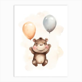 Baby Hippopotamus Flying With Ballons, Watercolour Nursery Art 1 Art Print