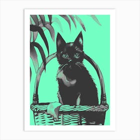Black Kitty Cat In A Basket Pastel Green Art Print