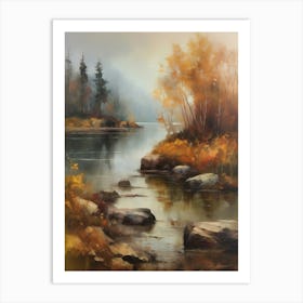 Autumn Lake,Forest Lake, Vintage Oil Painting, Farmhouse Wall Decorations, Antique Landscape, Vintage Landscape Oil Painting.9 Art Print